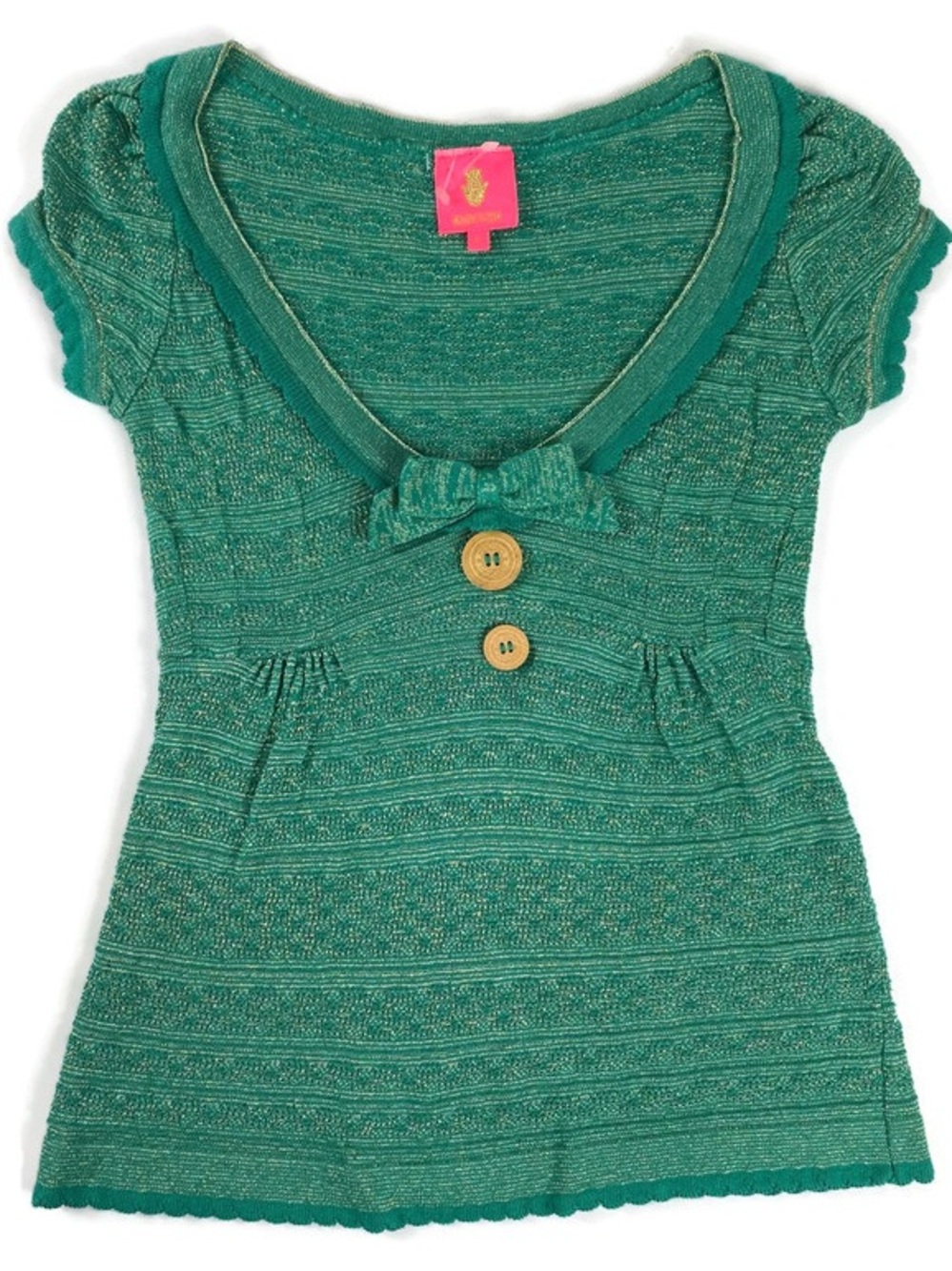 MANOUSH Vert Paula Top Green Gold Sparkle Bow Metallic Sweater Top Short Sleeve